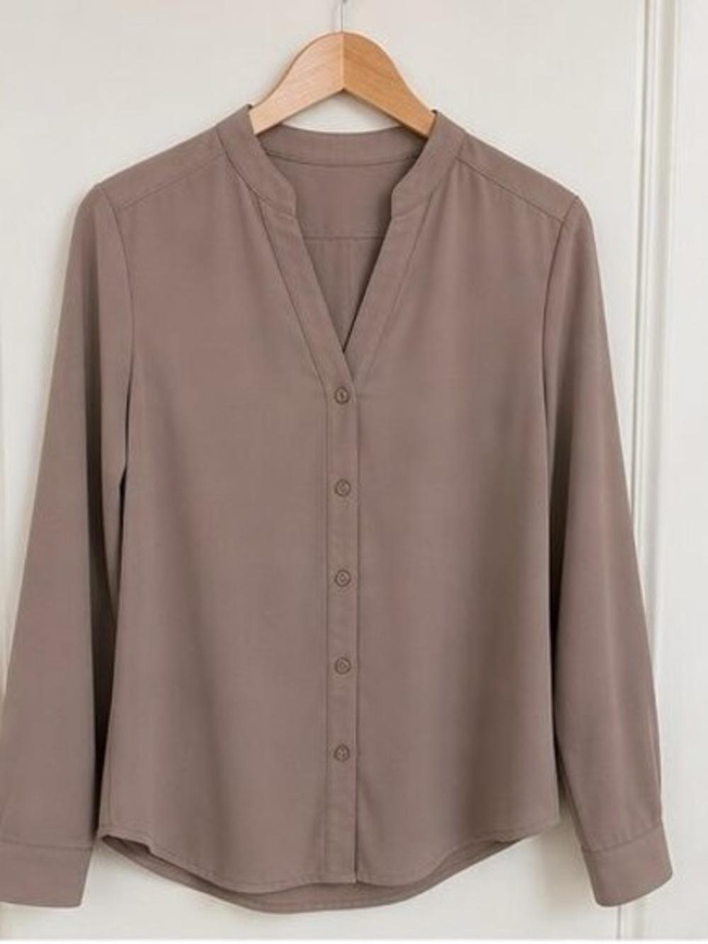 Taupe V-Neck Button Front Blouse - Women